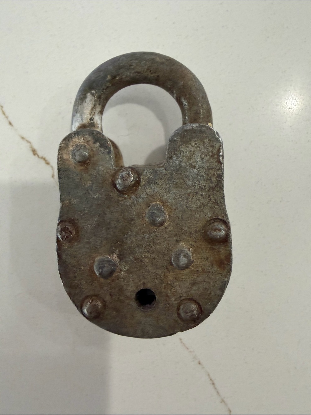 Antique-Style Rustic Metal Padlock - Gray from India with key.